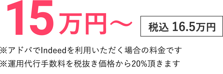※アドバでIndeedを利用いただく場合の料金です※運用代行手数料を税抜き価格から20%頂きます