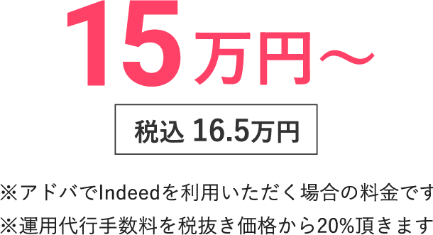 ※アドバでIndeedを利用いただく場合の料金です※運用代行手数料を税抜き価格から20%頂きます